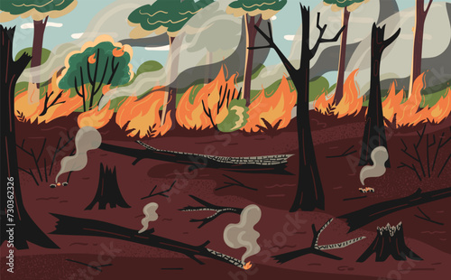 Wildfire natural disaster in forest scene with burnt trees