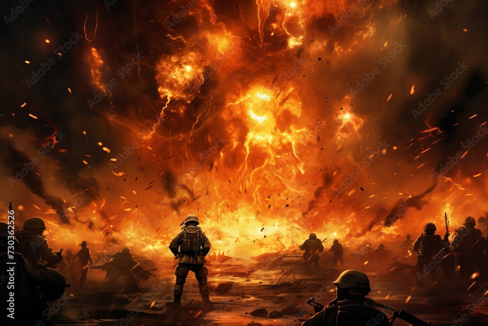 Fototapeta premium Determined Military soldier in fire splashes. Warrior assault in flames. Generate Ai