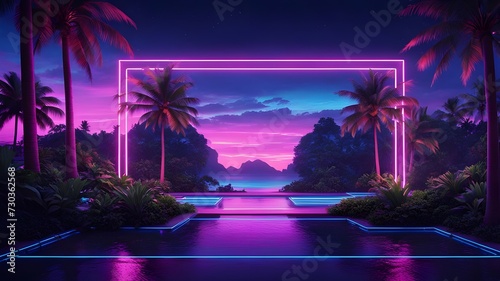 sunset in the city  neon jungle  dreams  dreamy world  neon lights  tropical vibes  purple neon environment  beach  palm trees  retro vibe  retro neon landscape.