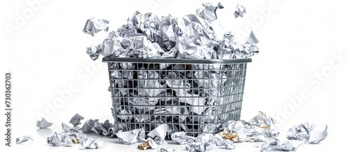 Recycled crumpled paper thrown in overflowing metal basket bin, junk isolated on white.