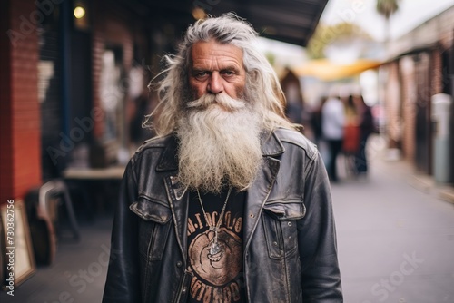 Portrait of an old man with long gray beard and mustache on the street.
