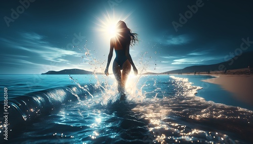 woman walkin on the beach, at sunset,  generative ai photo