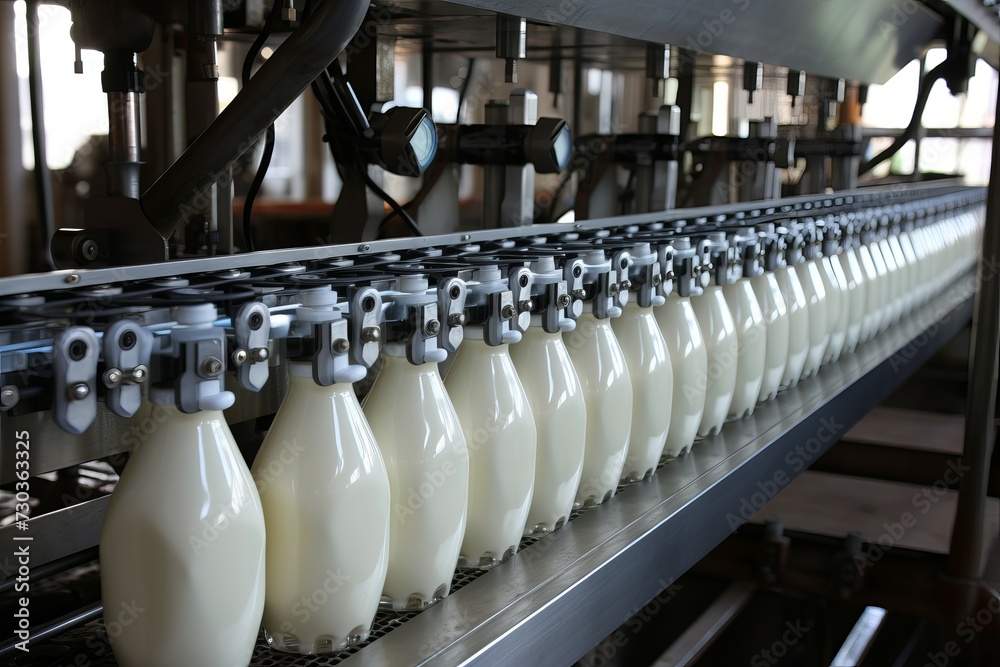 Mechanical Milk bottle conveyor. Factory line. Generate Ai Mechanical Milk bottle conveyor. Factory line. Generate Ai