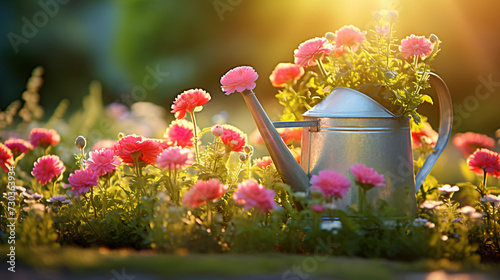 Watering can with flowers at garden
