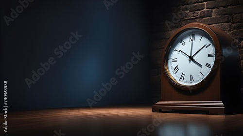 old clock on a wooden wall, alarm clock on a table, dark empty room, analog watch, time, isolated, old analog clock photo