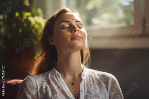 Home meditation. young woman practicing yoga, deep breathing exercises, and mindfulness techniques
