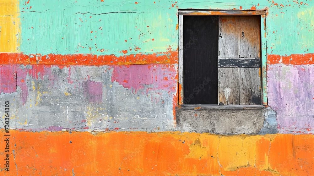 Naklejka premium Half-destroyed building wall with a window. The facade of the house with damaged plaster needs major repairs. Photophone for retro photography. Illustration for cover, interior design, brochure, etc.