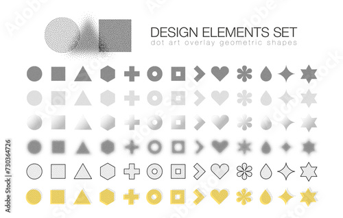 Graphic design elements set. Circle, triangle arrow, square abstract geometric shapes. Grunge noise, halftone grain gradient, dot texture, stipple effect. Heart, flower, drop, star icon. Duotone style