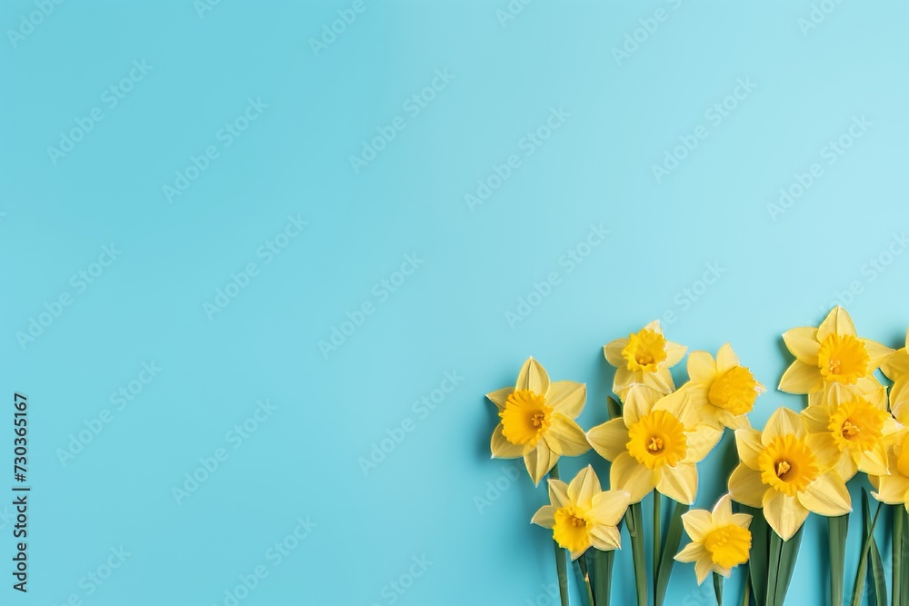Vibrant yellow daffodils on serene blue background. springtime bloom and floral beauty concept