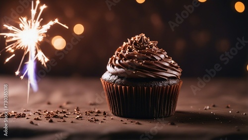 A festive photo of a chocolate cupcake with a sparkler   The cupcake is in a brown paper liner  