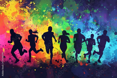 silhouette of a group of runners running together with splash of colors 