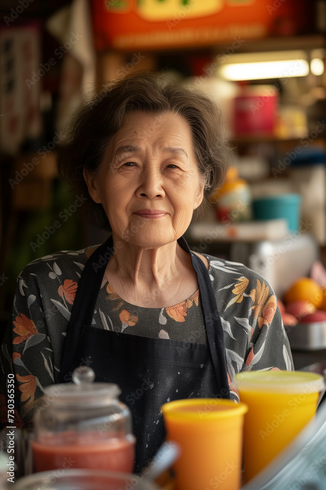 Asian senior woman smiling with confidence in smoothie shop.