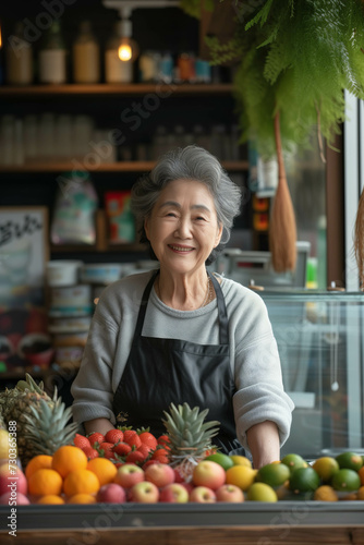 Asian senior woman smiling with confidence in smoothie shop.