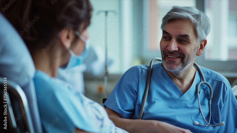 Obraz premium Caucasian doctor talking with senior patient in wheelchair in hospital.