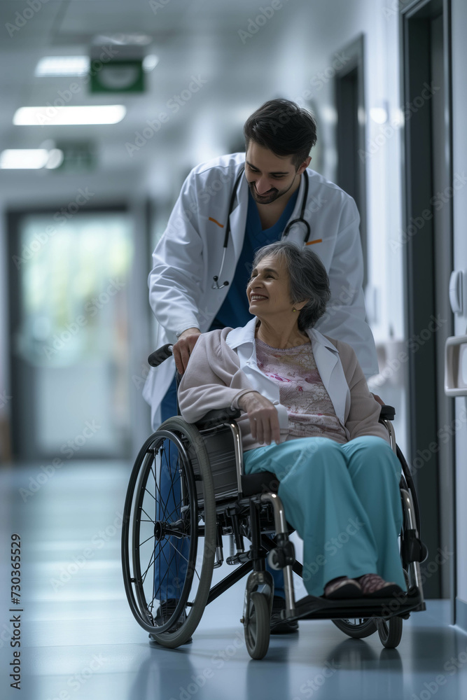 Caucasian doctor talking with senior patient in wheelchair in hospital. Caucasian doctor talking with senior patient in wheelchair in hospital.