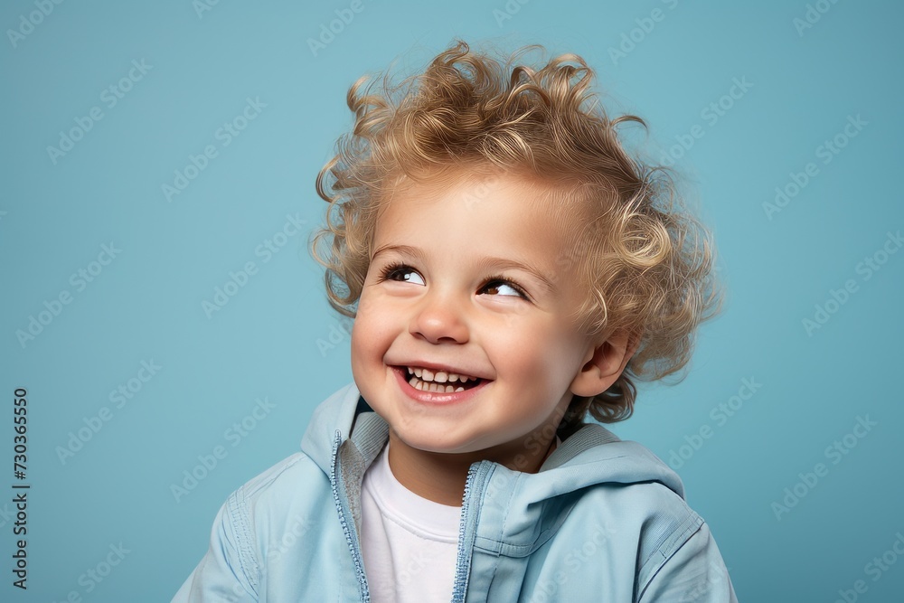 Portrait of a smiling little boy with blond curly hair on blue background Portrait of a smiling little boy with blond curly hair on blue background