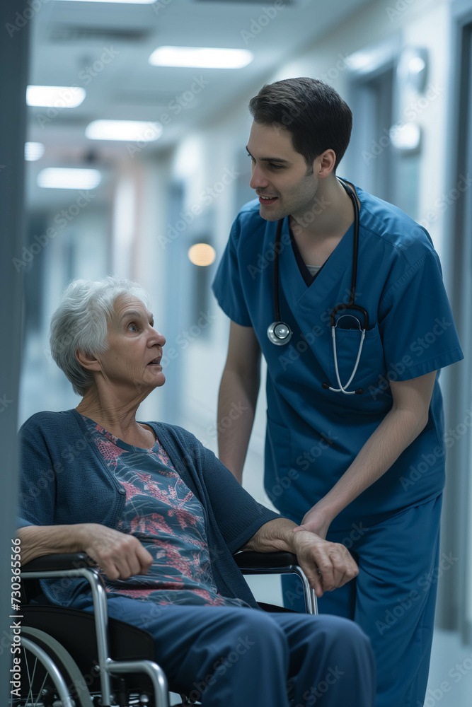 Obraz premium Caucasian doctor talking with senior patient in wheelchair in hospital.