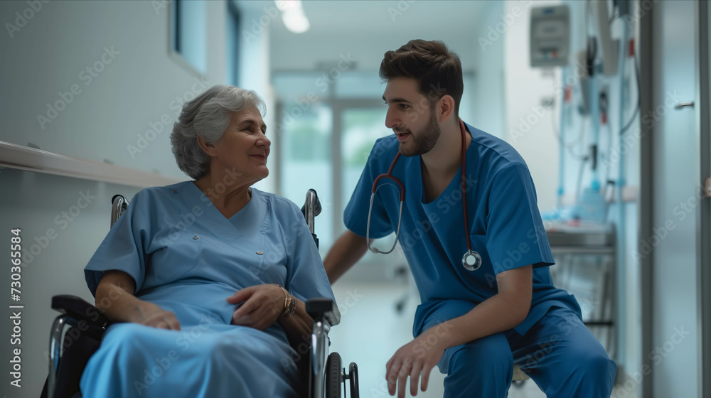 Obraz premium Caucasian doctor talking with senior patient in wheelchair in hospital.