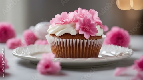 cupcake with pink flowers and white frosting a romantic cupcake with white frosting and pink flowers on a plate with a ribbon 