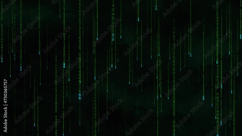 Shining particles and numbers slowly falling. Green matrix holiday background. Numbers dropping to the ground. Green particles abstract background