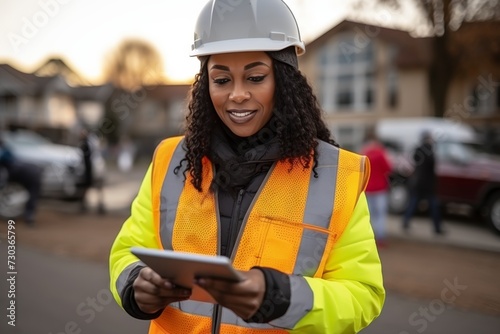 Engineer wearing reflective vest inspects tablet with wind turbines in sunset background