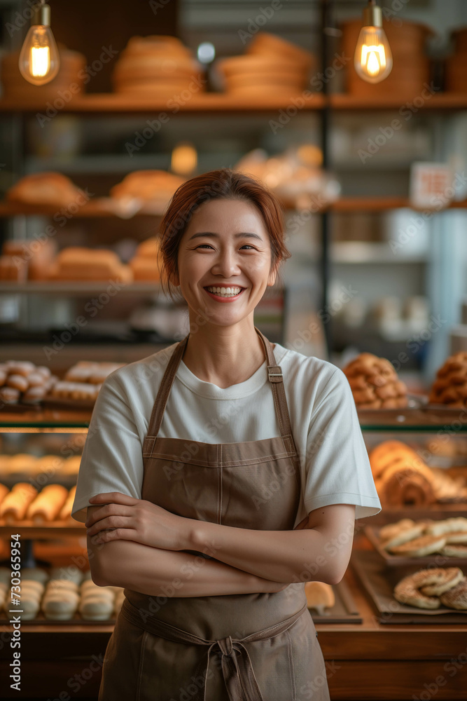 Asian woman wearing an apron with arms crossed inside a bakery shop.