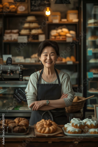 Asian woman wearing an apron with arms crossed inside a bakery shop. © S photographer