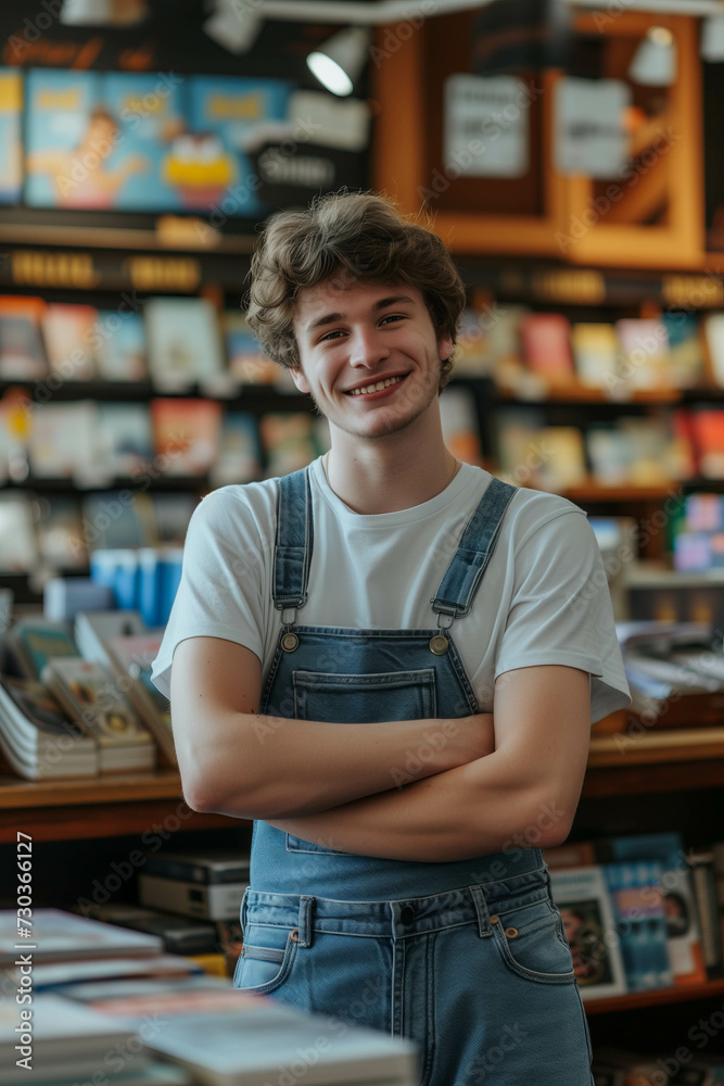 Obraz premium A Caucasian male bookstore owner is confidently folding his arms in a bookstore.