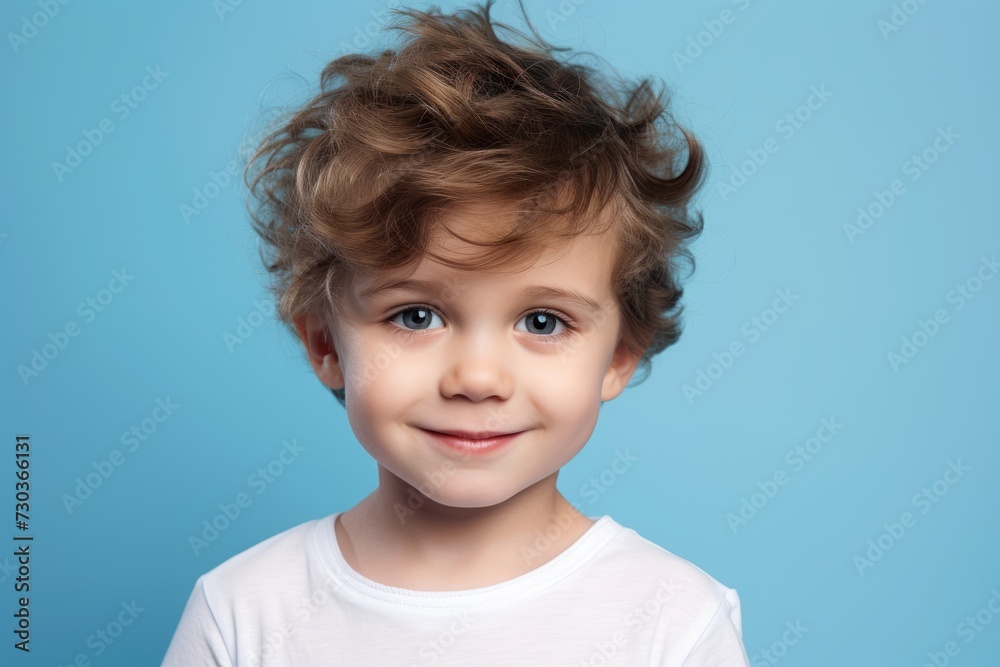 Portrait of a cute little boy in a white T-shirt on a blue background Portrait of a cute little boy in a white T-shirt on a blue background