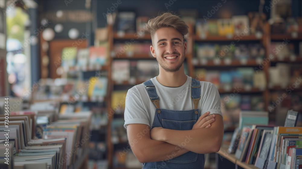 A Caucasian male bookstore owner is confidently folding his arms in a bookstore.