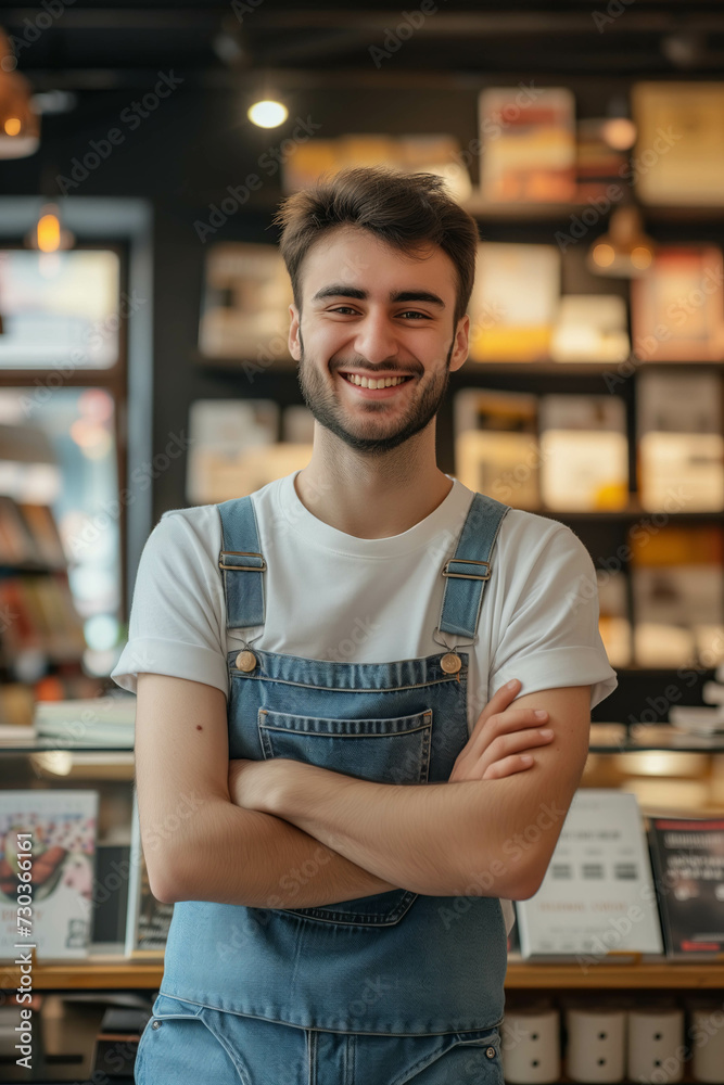 Obraz premium A Caucasian male bookstore owner is confidently folding his arms in a bookstore.