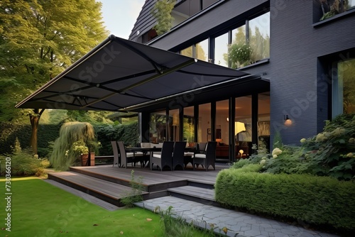 Modern house summer terrace with stylish canopy and comfortable outdoor seating area