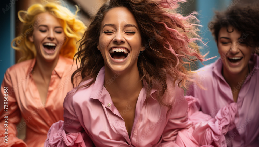 Young women enjoying a carefree night, dancing with excitement and joy generated by AI Young women enjoying a carefree night, dancing with excitement and joy generated by AI