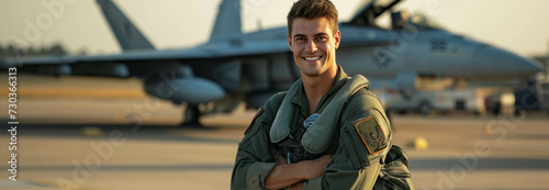 Caucasian male air force officer is confident in piloting a fighter jet. photo