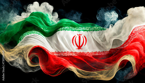 National Flag of Iran made of smoke, isolated on black background. The tulip is comprised of four crescent-shaped petals and one stem that form the word Allah and symbolize the five pillars of Islam.