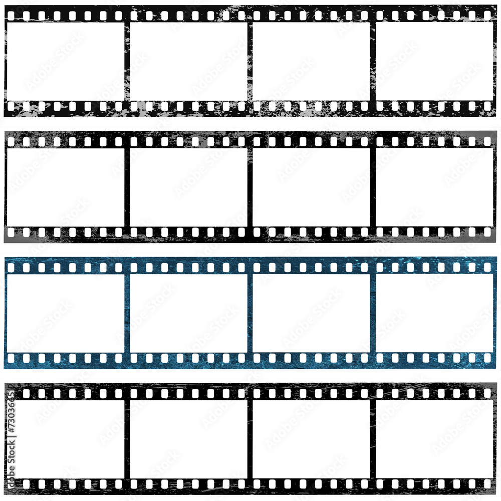 Four pictures film strip texture with blank space, png isolated background. Old grunge movie film long strip, vintage filmstrip roll frame