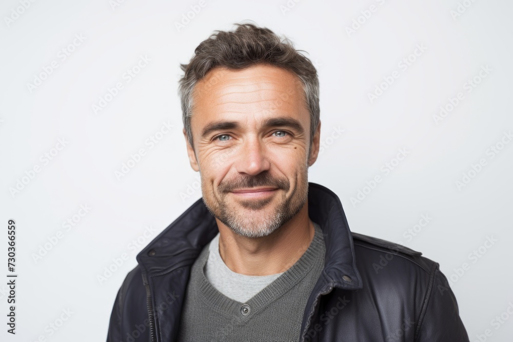 Handsome middle-aged man in a leather jacket on a white background Handsome middle-aged man in a leather jacket on a white background