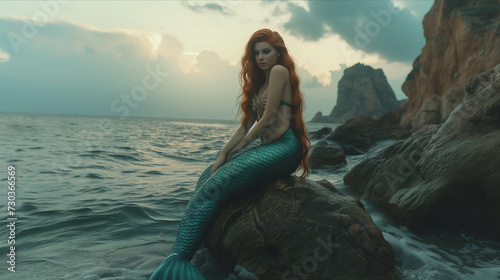 Young mermaid sitting on a rock on an island in the sea.