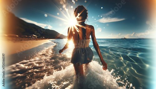 woman walkin on the beach, at sunset,  generative ai © Eduardo