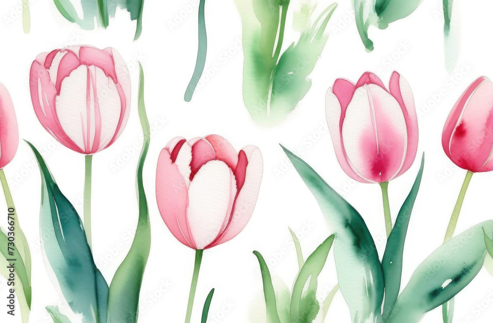 Watercolor red tulips pattern on white background Watercolor red tulips pattern on white background