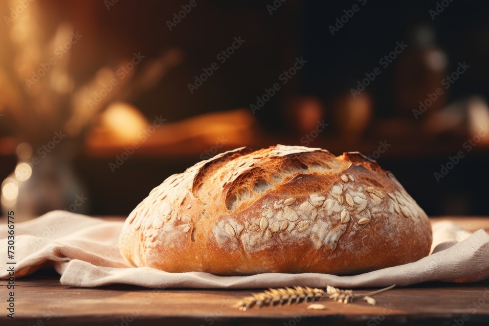 Delicious assortment of freshly baked bread on a rustic wooden table with ample copy space for text