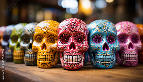 Day of the Dead celebration  colorful skulls, spooky decorations generated by AI