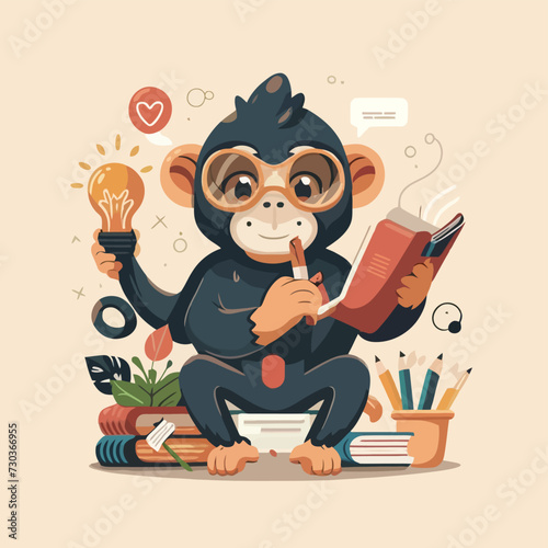 2d vector illustration colorful animal monkey business , TRAINING and study work hard successes 
