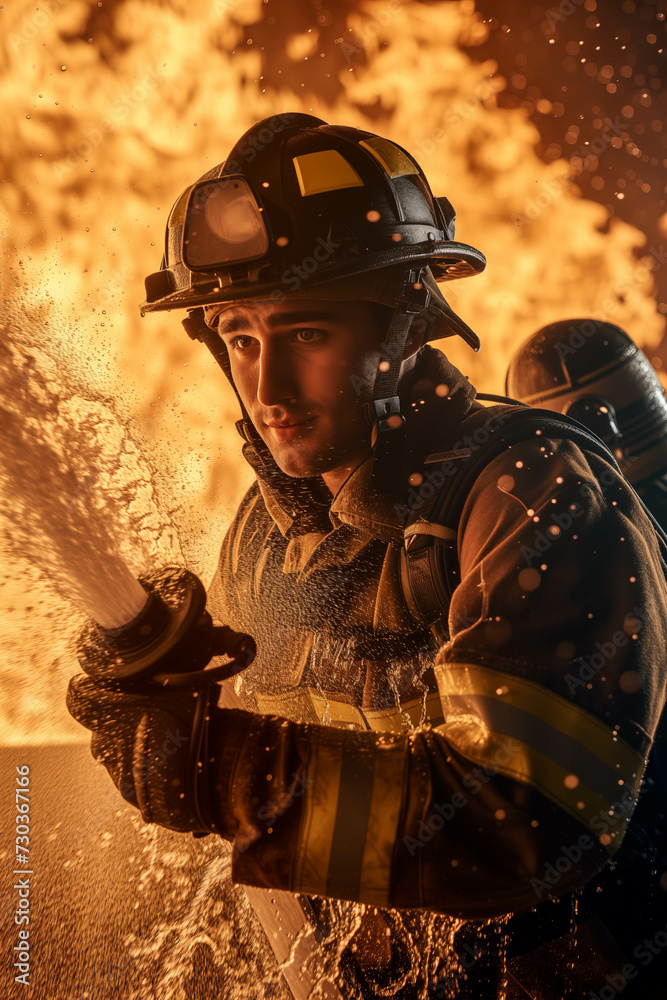 Caucasian male firefighter performing duties in a burning building. Caucasian male firefighter performing duties in a burning building.