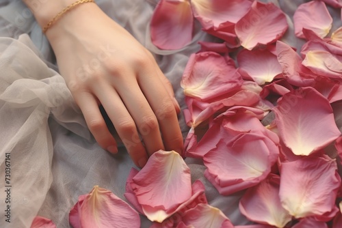 Glamorous gray nail polish manicure. hand touching summer flower petals for cosmetic advertising © Mikki Orso
