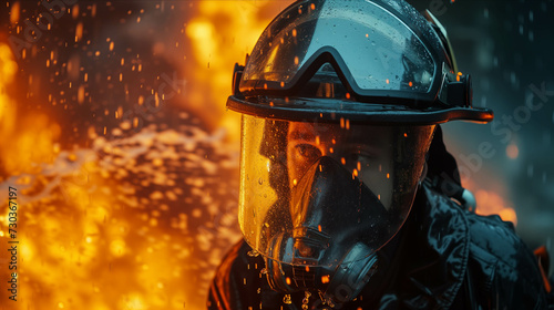 Caucasian male firefighter performing duties in a burning building.