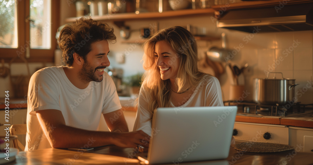 looking happy couple using computer and enjoying each other's company in their modern home. looking happy couple using computer and enjoying each other's company in their modern home.