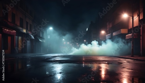 Wet asphalt, reflection of neon lights, a searchlight, smoke. Abstract light in a dark empty street with smoke, smog. Dark background scene of empty street, night view, night city. © Antonio Giordano