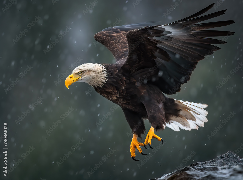Fototapeta premium A Bald eagle is flying through a snowy sky with its wings spread wide. World Wildlife Conservation concept.