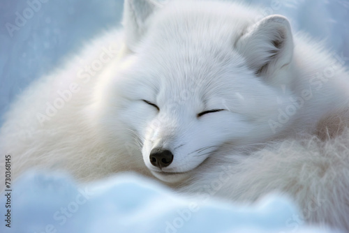Cute Wild artic fox with its eyes closed resting on the snow. World Wildlife Conservation concept. © Shootdiem